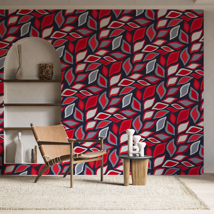 Falikép tapéta virágmintával | Piros és szürke levelek