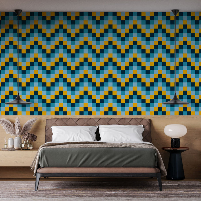 Foto Behang geometrisch | Blauw en geel golvend patroon