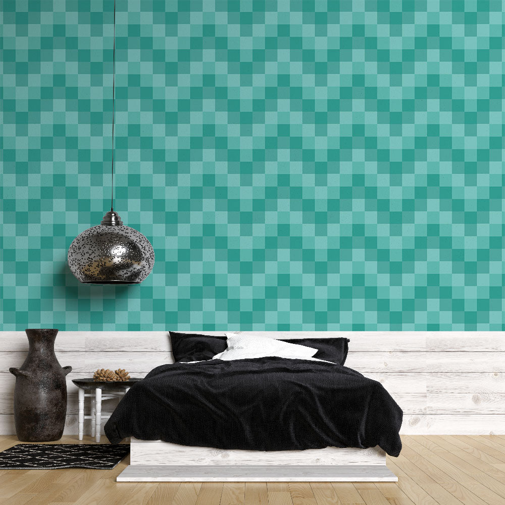 Mural Wallpaper checkerboard turquoise | Modern geometric design ...