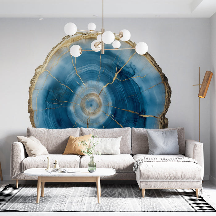 Tapetti pyöreä sininen puunviilu | Luonnollinen eleganssi