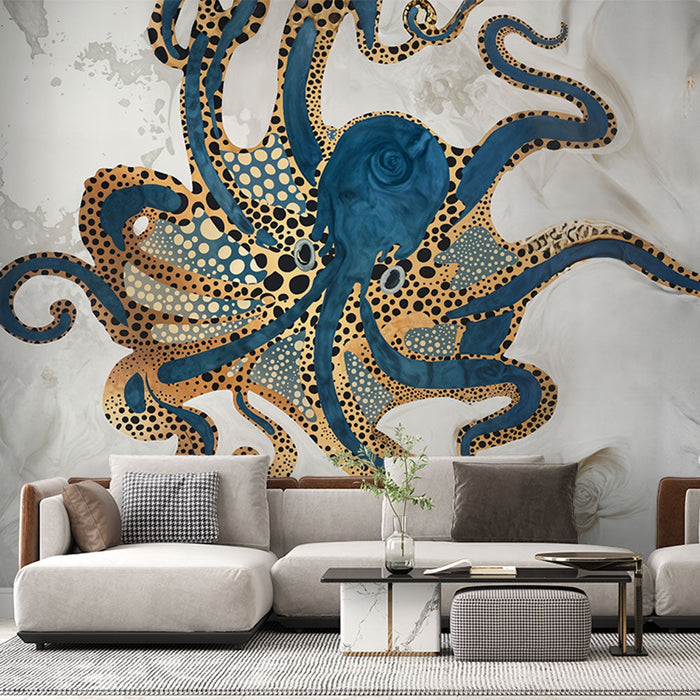 Foto Behang artistieke octopus | Gouden en blauw maritiem ontwerp