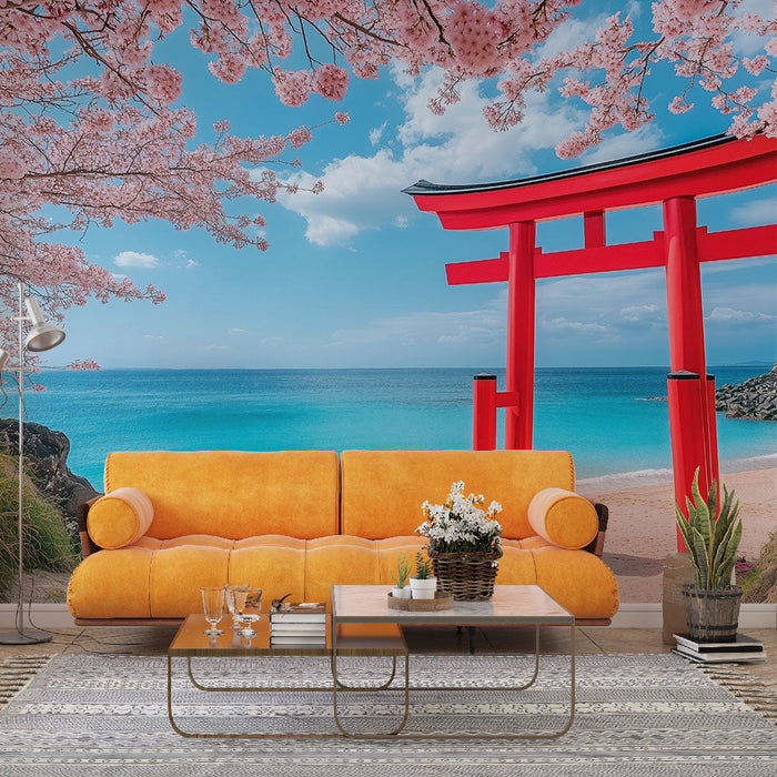 Фототапет японски плаж | Тории и черешови цветове