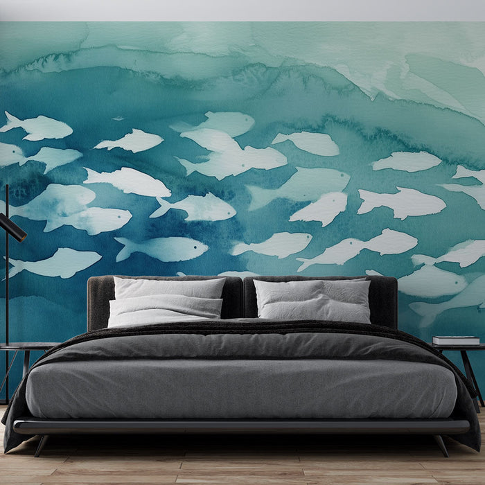 Fototapet balık | Mavi ve beyaz suluboya deseni