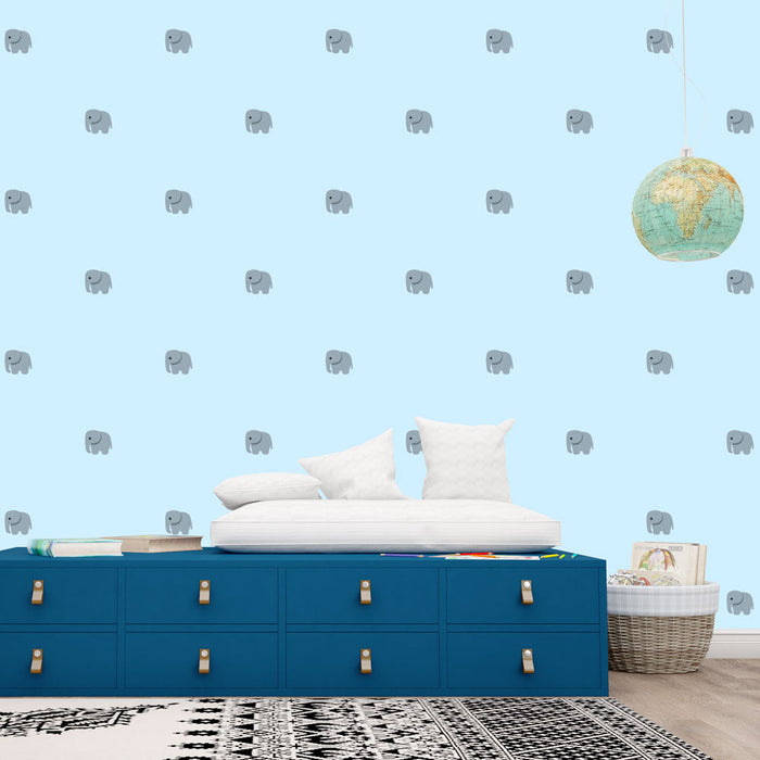 Mural Wallpaper elephants | Gray pattern on blue background