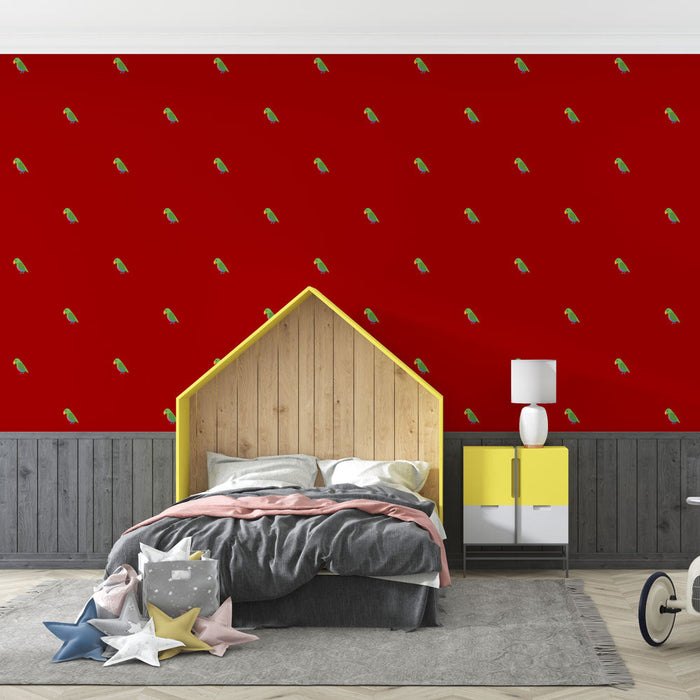 Fototapet papegøye | Rød bakgrunn og grønne mønstre