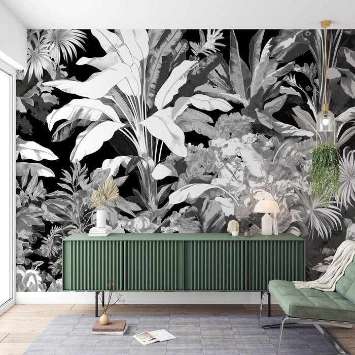 Exotic Black and White Mural Wallpaper | Dense Vegetation