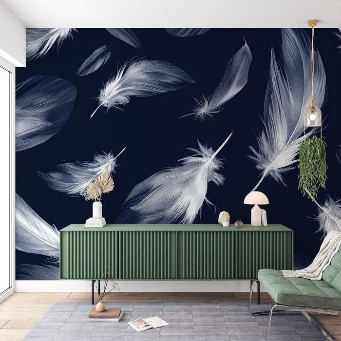 Feather Wallpaper | White Feathers on Navy Blue Background