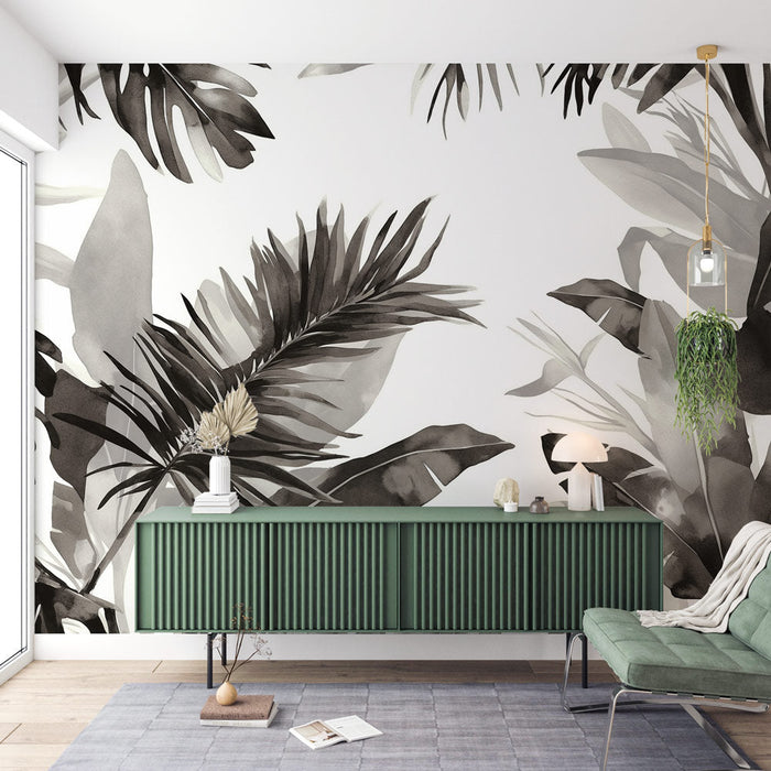 Zwart en Wit Jungle Foto Behang | Aquarel Stijl