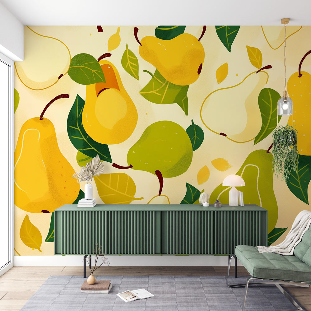 Carta da parati con pere | Bianco, Giallo e Verde — WonderMural, image size:1000x1000