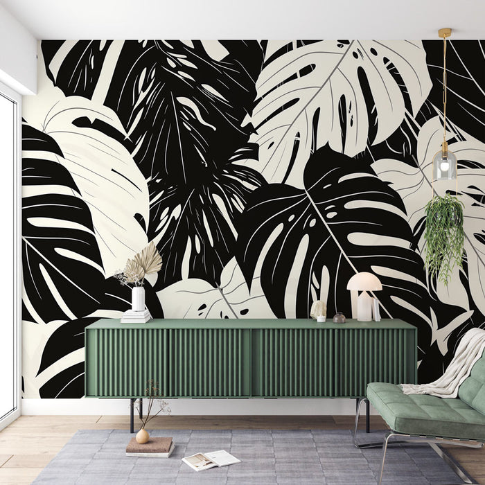 Black and White Mural Wallpaper | Giant Monstera Leaves