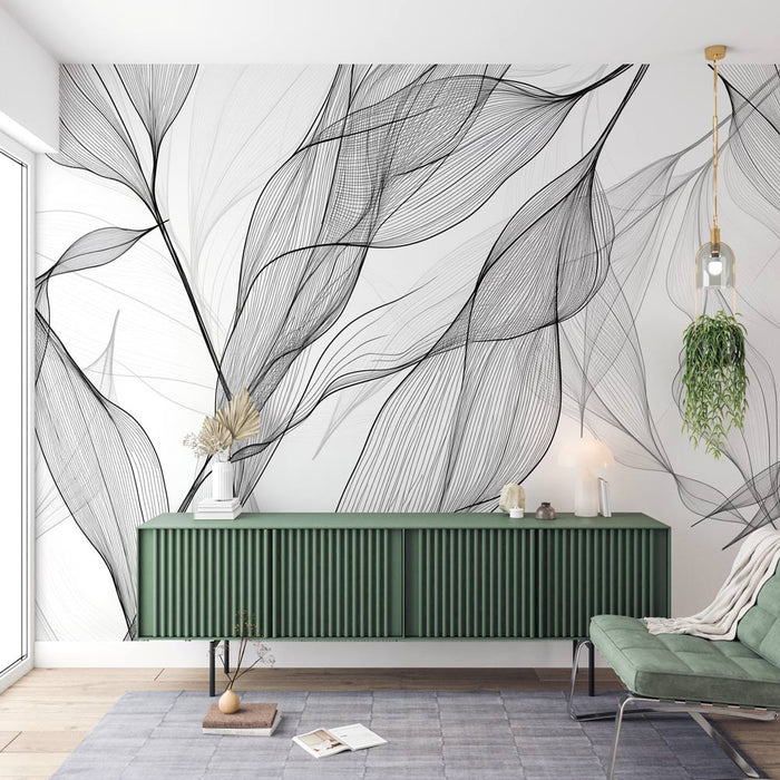 Papel de parede Mural Foliage | Estilo Abstrato Preto e Branco