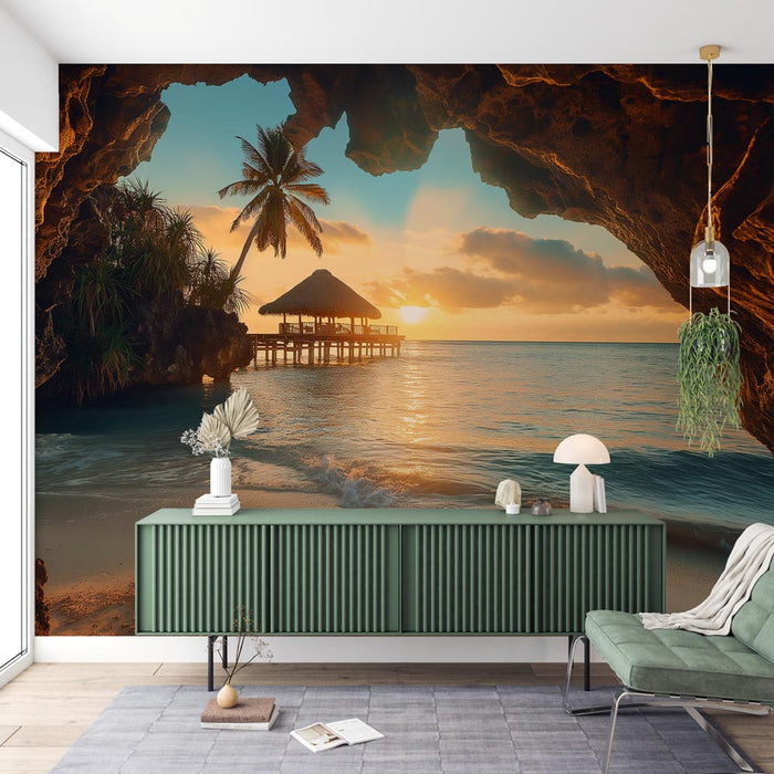 Foto Behang Trompe l'oeil | Grot en Zonsondergang