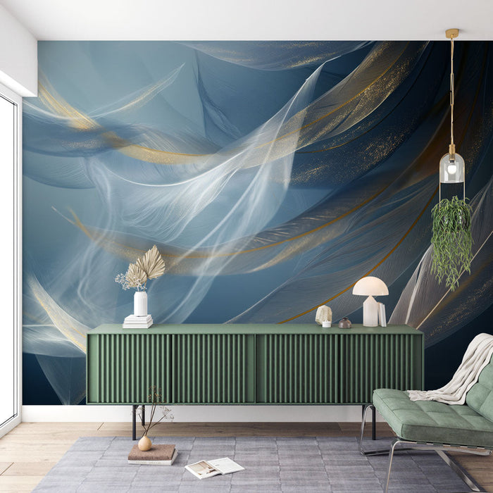 Feather Mural Wallpaper | Blue and Gold Contemporary Version