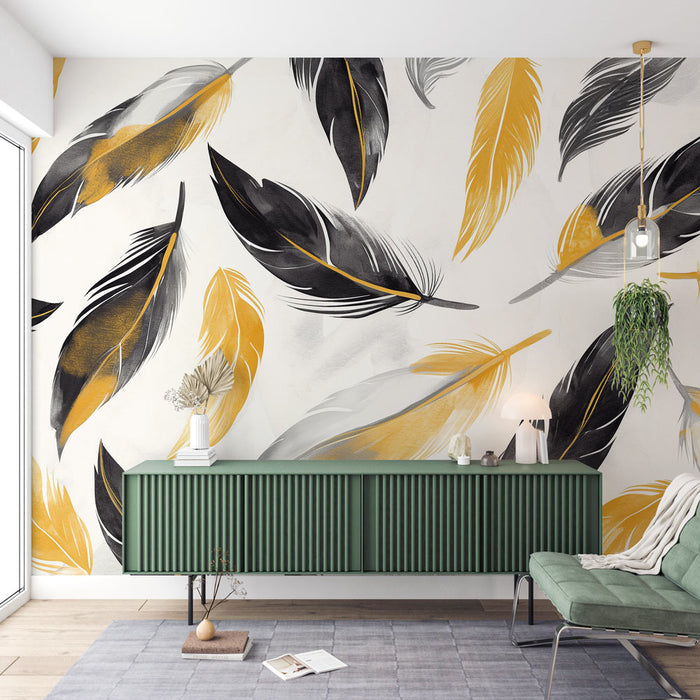 Feather Mural Wallpaper | Black, Gold, and White Feathers