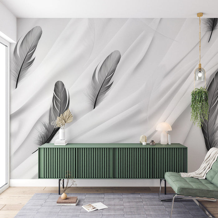 Feather Mural Wallpaper | Black Feathers and White Sheet