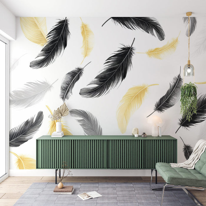 Papel de parede de mural de penas | Preto e dourado em fundo branco