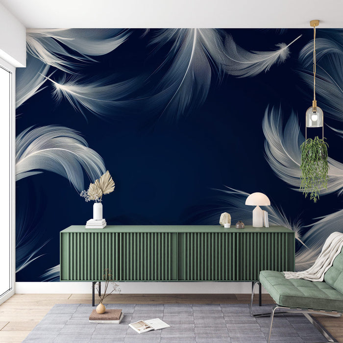 Feather Mural Wallpaper | Poetic Feathers on Dark Blue Background