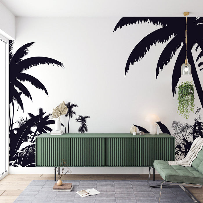 Black and White Mural Wallpaper | Tropical Forest Panoramic