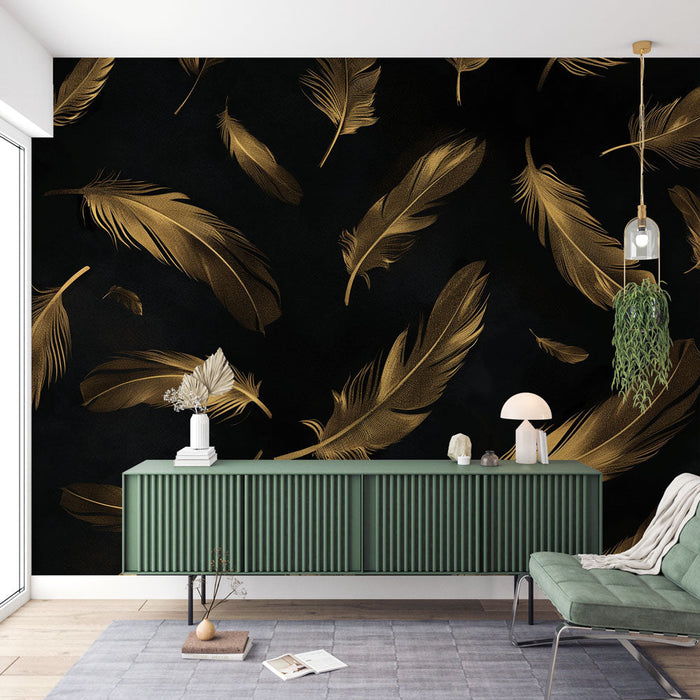 Feather Wallpaper | Golden Feathers on Black Background