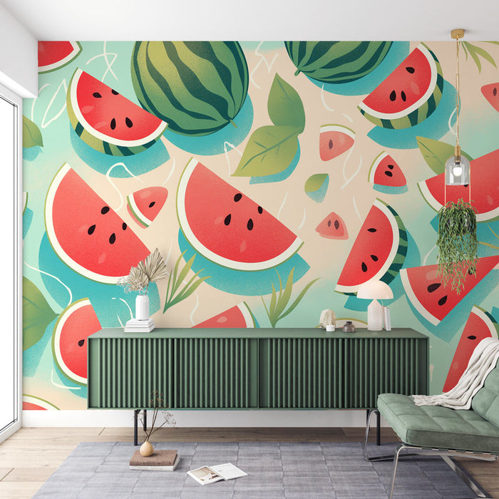 Watermelon Mural Wallpaper | On Blue Background