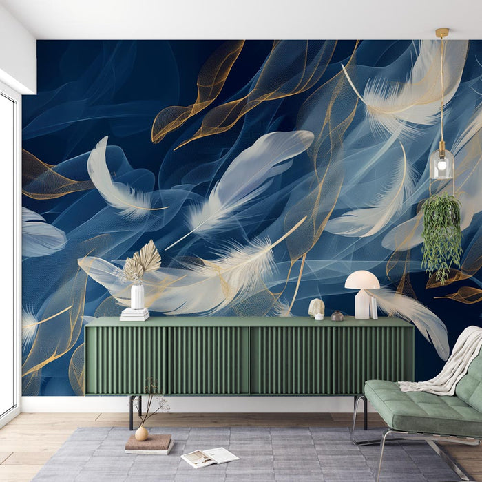 Feather Mural Wallpaper | Blue White and Gold Graphic Style