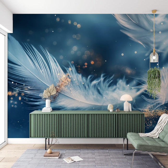 Feather Wallpaper | Feather on Blue Background with Gold Dust