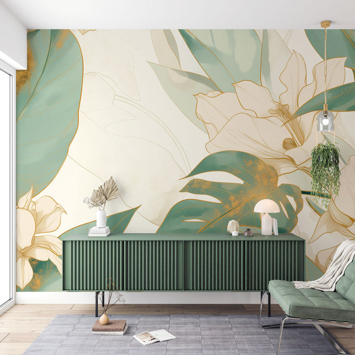 Tropisk Mural Tapet | Grønne blader og gyldne blomster