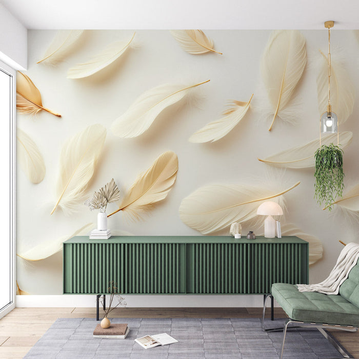 Feather Mural Wallpaper | Beige Feathers on White Background