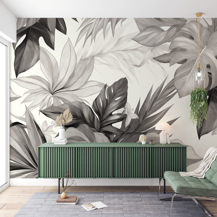 Papel de parede preto e branco | Hibiscos e Monstera