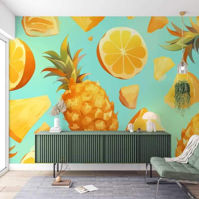 Pineapple and Lemon Mural Wallpaper | Sky Blue Background