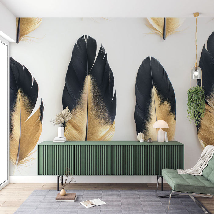 Feather Mural Wallpaper | Black and Gold Feathers on White Background