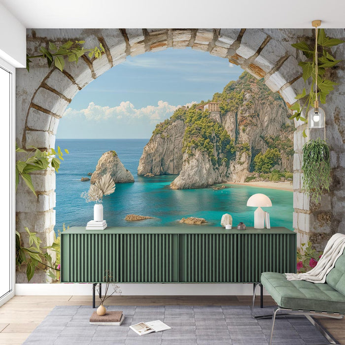 Mural Wallpaper Optical Illusion | Cliff and Turquoise Water