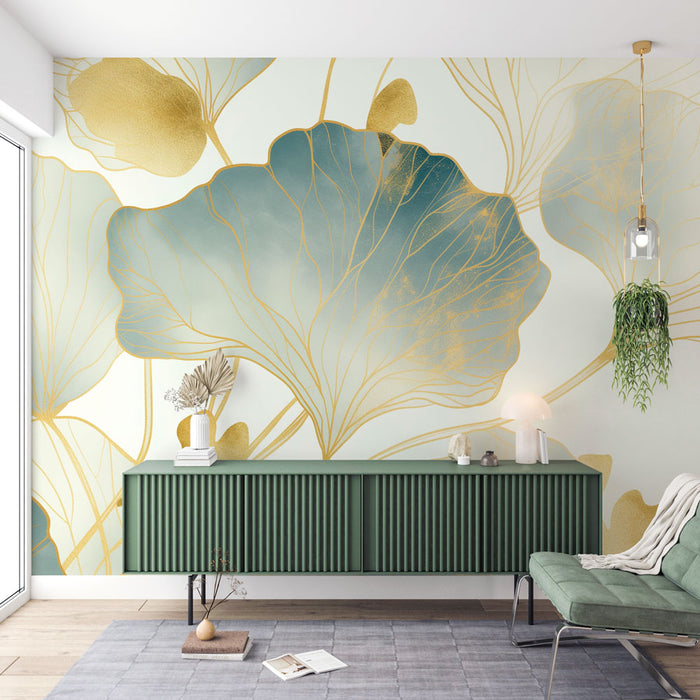 Bloemen Foto Behang | Pastel Gouden en Groene Schilderij