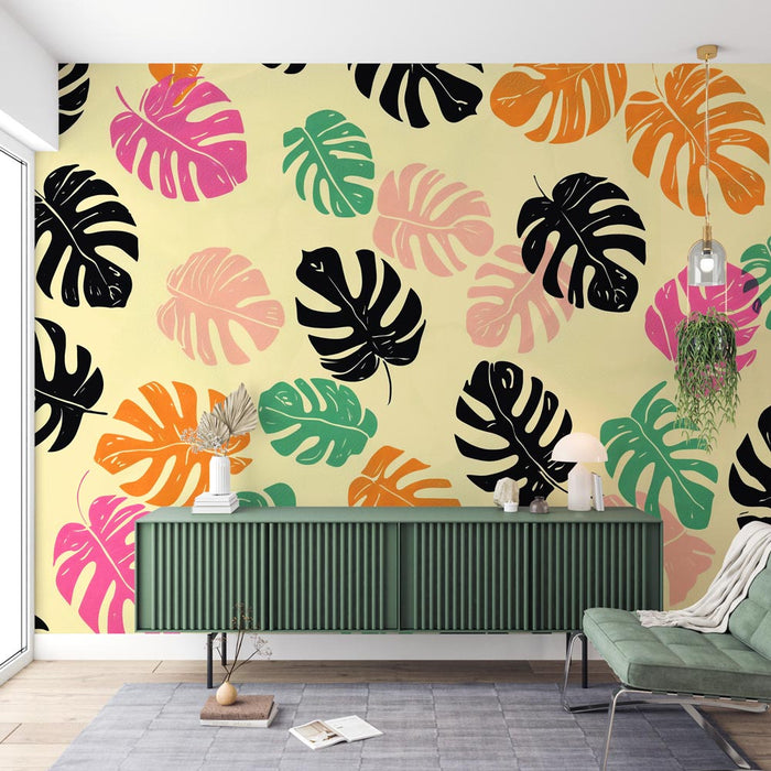 Fototapet monstera | Sorte, orange, grønne og lyserøde blade