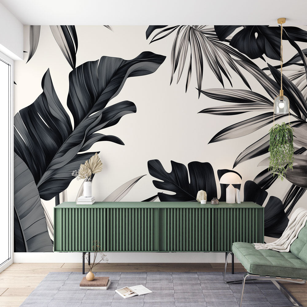 Tropical Large Leaf Mural Wallpaper | Black and White — WonderMural