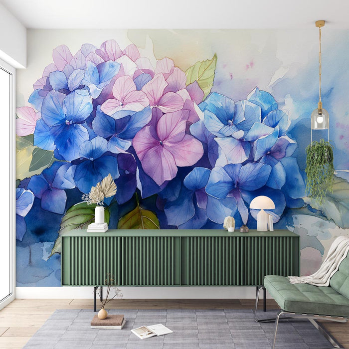 Papel pintado | Hortensias azules y rosas