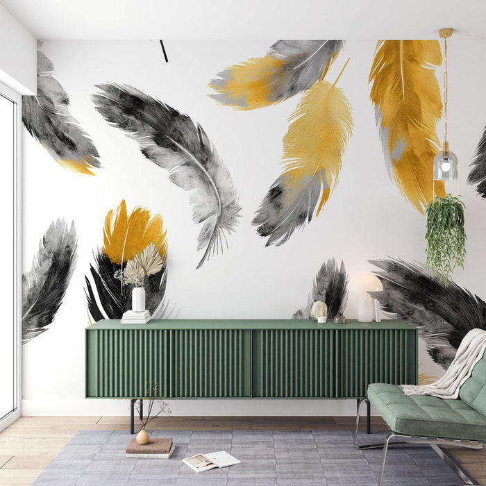 Feather Mural Wallpaper | Painting Style with Black and Gold Feathers