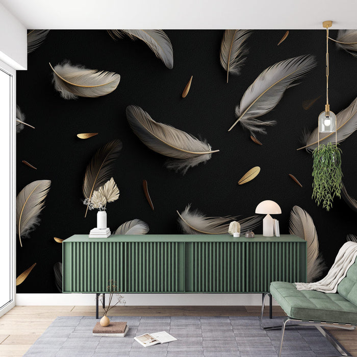 Feather Mural Wallpaper | Black Background with White Feathers and Gold Accents