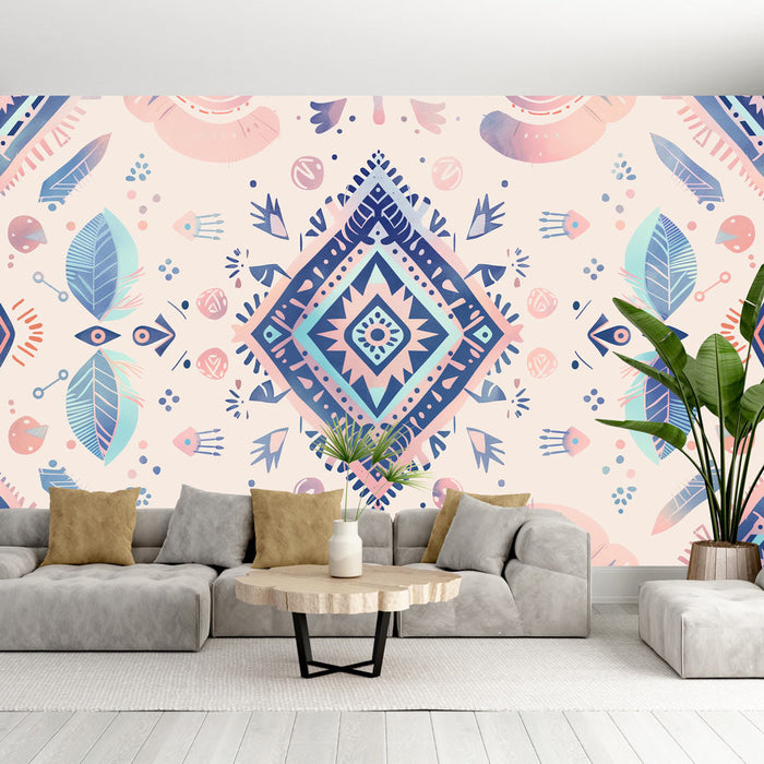 Aztec Ethnic Mural Wallpaper | Geometriske Pastellmønstre