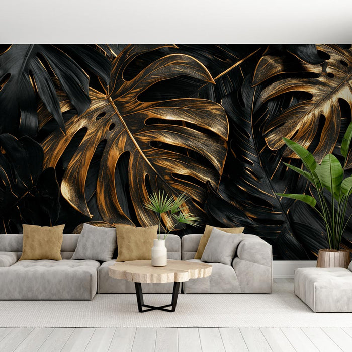 Black and Gold Mural Wallpaper | Large Monstera Leaves