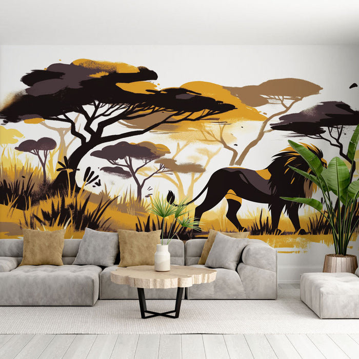 Lion Mural Wallpaper | Yellow and Black