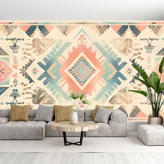 Aztec ethnic Mural Wallpaper | Pastel geometric patterns