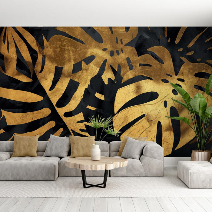 Papel pintado negro y dorado | Monstera texturizada