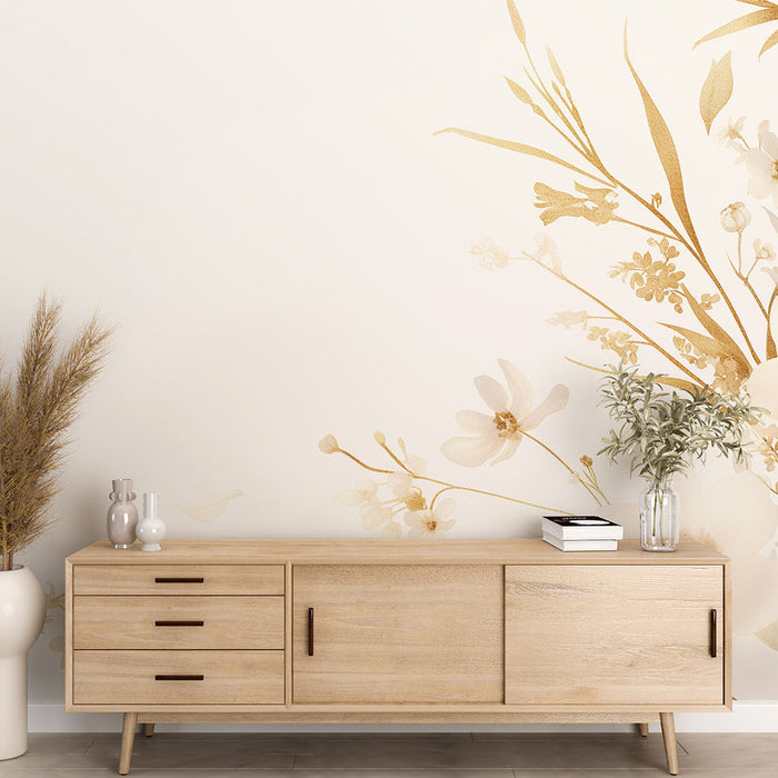 White and Gold Mural Wallpaper | Floral Meadow