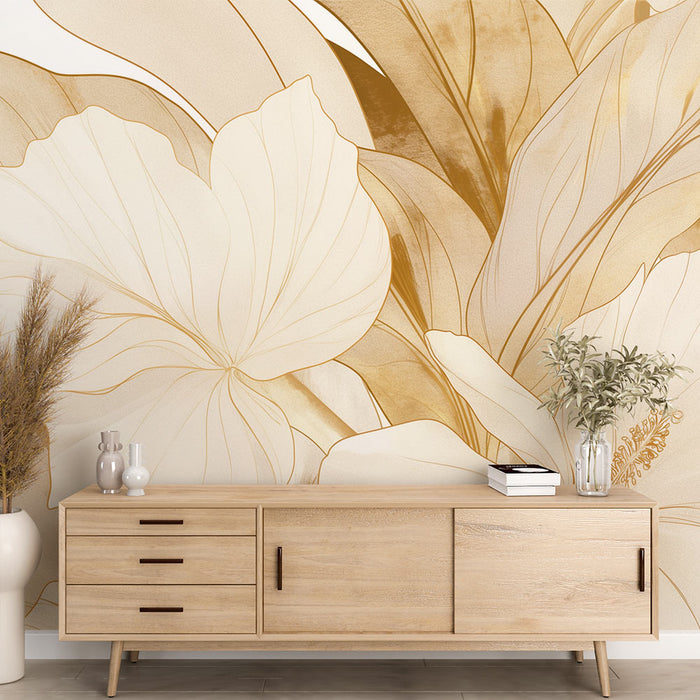 Papel pintado blanco y dorado | Flores blancas y doradas