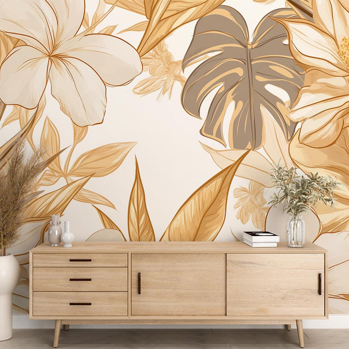 White and Gold Mural Wallpaper | Golden Floral Painting