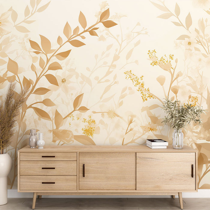 White and Gold Mural Wallpaper | Flowering Shrubs