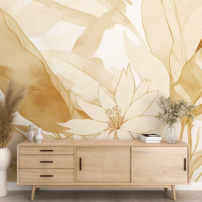 Papel pintado blanco y dorado | Hojas grandes y flores