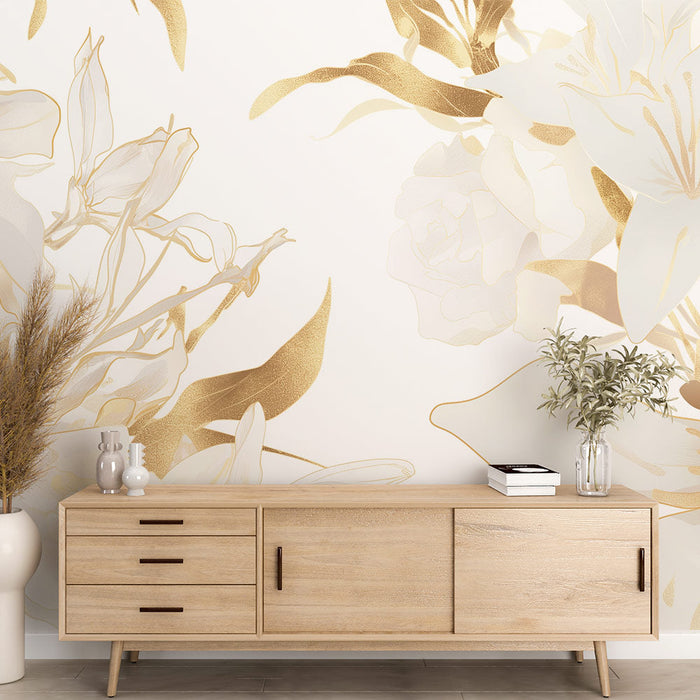 White and Gold Mural Wallpaper | White Flowers