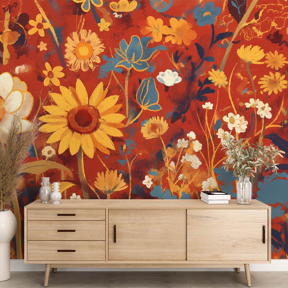 Bohemisk Tapet | Färgglada blommor på röd bakgrund— WonderMural